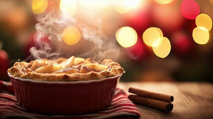 Wall Mural -   A bowl of food sits atop a table with a cinnamon stick nearby and a lit Christmas tree in the background