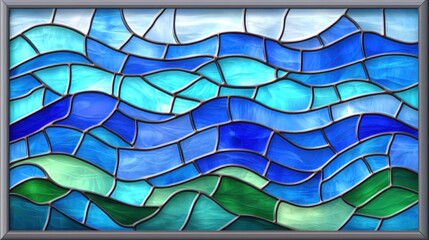 Poster - Blue ocean waves stained glass window, sky background, religious art, website design