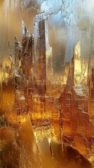 Poster - Abstract cityscape is rendered in shining gold and silver hues