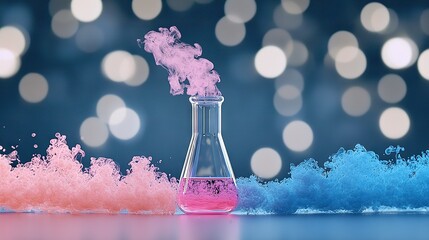 Wall Mural -   A flask containing pink liquid sits atop a table beside a heap of blue and pink powders