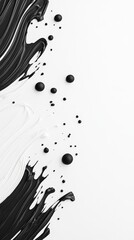 Poster - Abstract black and white paint strokes with circular droplets on a minimalist background, creating a dynamic artistic composition.