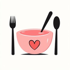 Wall Mural - Pink bowl of soup with fork and spoon, illustration