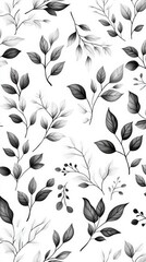 Poster - Black and white botanical pattern featuring various leaves and branches on a white background, creating a minimalist design.