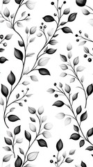 Poster - Black and white floral pattern with leaves and berries, ideal for backgrounds or textile design.