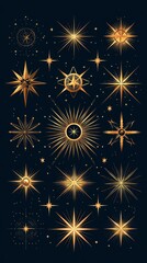 Poster - Golden star motifs on a dark background, featuring various designs and sizes, create a celestial and festive atmosphere.