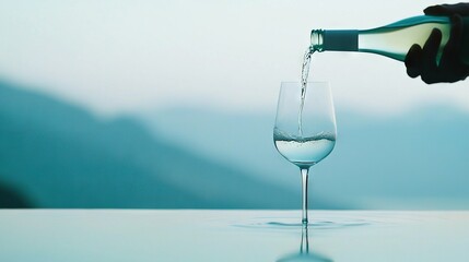 Wall Mural -   A person pours water from a bottle into a wine glass amidst a mountainous backdrop