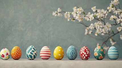 Wall Mural -   A branch of white flowers rests beside a table, adorned with a line of colorful eggs