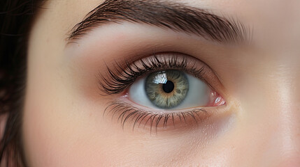 Green woman eye close-up. Eyebrow and eyelash beauty treatments. Natural makeup.