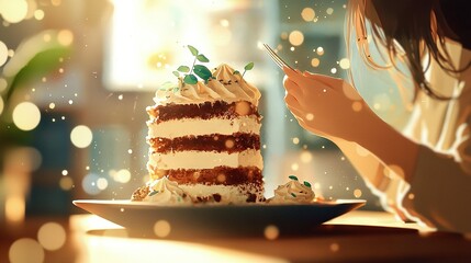 Wall Mural -   A macro shot of a cake on a dish being photographed with a smartphone