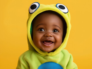 studio portrait of black baby wearing alien costume isolated on yellow background