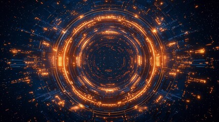 Poster - Futuristic abstract design featuring glowing circular patterns and vibrant orange lights against a dark background.