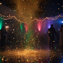Wall Mural - Golden particles create a shimmering effect in a dark setting during evening celebrations.