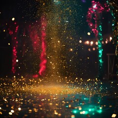 Wall Mural - Golden particles create a shimmering effect in a dark setting during evening celebrations.