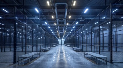 Poster - Spacious industrial facility features striking rows of metal benches under bright lights, with a clean, polished floor and an atmosphere of quiet anticipation and order.