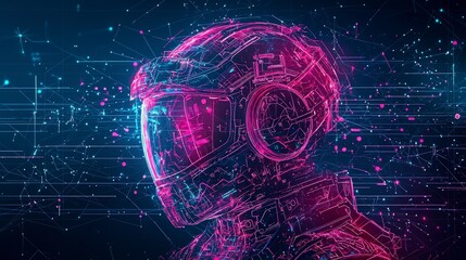 Poster - Digital art of a futuristic astronaut's head surrounded by vibrant, glowing particles in a dark space.
