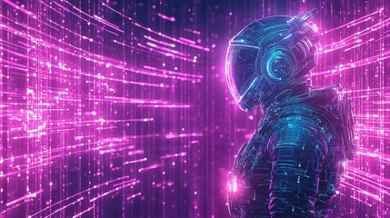 Poster - A futuristic scene featuring a glowing humanoid figure in a digital landscape, surrounded by vibrant pink and blue lights.