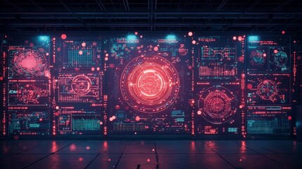 Poster - Futuristic digital interface with vibrant red and blue patterns, resembling advanced technology and data visualization.