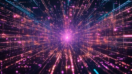 Poster - Vibrant abstract digital tunnel with radiant light effects in shades of pink, purple, and blue, creating a sense of depth and motion.