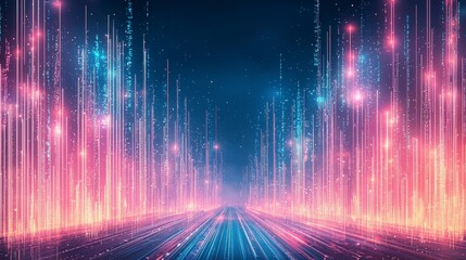 Poster - vibrant digital landscape with glowing lines and particles, creating a futuristic and abstract atmos