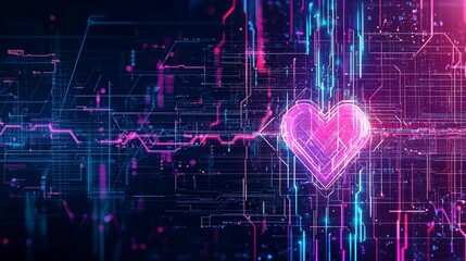 Poster - Digital heartbeat graph with a glowing heart in vibrant colors, representing love, technology, and data visualization.