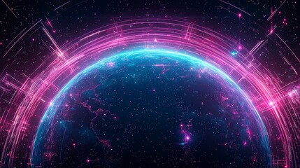 Poster - Vibrant digital globe surrounded by glowing particles and abstract light effects, evoking a sense of technology and space.