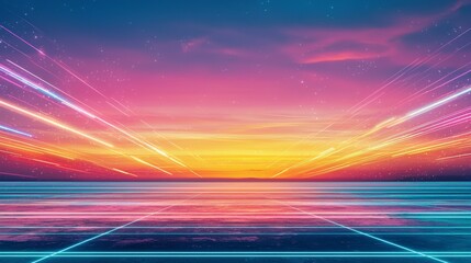 Poster - Vibrant sunset with digital elements, showcasing a futuristic landscape blending colors and lines over a serene sea.