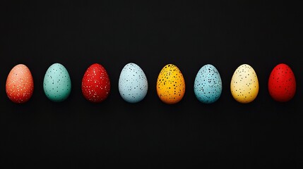 Wall Mural -   A line of colored eggs arranged on a black backdrop against a dark background