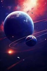 Wall Mural - majestic blue planet with rings and satellites in deep space cosmic background. space exploration th