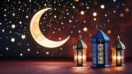Poster - Beautiful decorative lanterns and crescent moon with stars in a nighttime setting