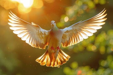 Wall Mural - a majestic dove in flight, wings outstretched, bathed in golden sunlight, a symbol of peace and hope