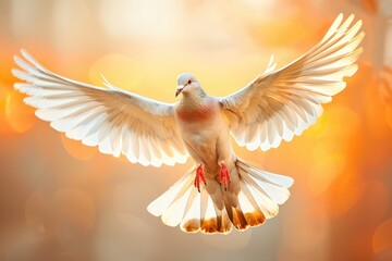Wall Mural - a white dove in flight, wings spread wide, bathed in warm, golden sunlight.
