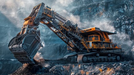 Aufkleber - A large excavator is performing coal extraction in a rugged mining environment. Dust and debris are visible as the machine lifts coal from the ground.