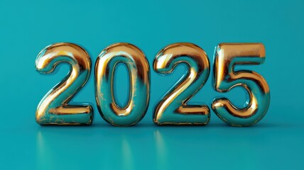 Bold 2025 celebration with crisp neon numbers vibrant turquoise and gold background eye-catching design