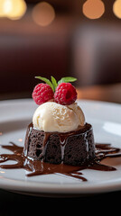 Wall Mural - Molten chocolate lava cake plated with scoop of vanilla ice cream and fresh raspberry garnish with the chocolate center oozing out.