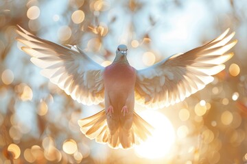 Wall Mural - a dove in flight, wings spread wide, bathed in the golden sunlight of a sunlit bokeh background.