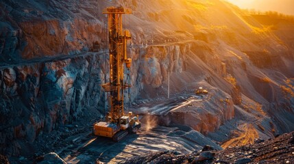 Aufkleber - A large drilling machine works vigorously in a quarry at sunset, breaking through rocky terrain while another vehicle moves along the path, kicking up dust.