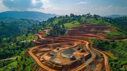 Aufkleber - Heavy machinery operates in a hillside quarry, reshaping the landscape with terraced layers. Lush greenery surrounds the active site, highlighting the contrast between construction and nature.