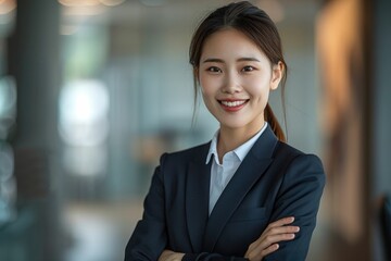 Wall Mural - Confident young Asian businesswoman in a dark suit, arms crossed, smiling.