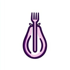 Wall Mural - Fork in eggplant, minimalist food icon, white background, healthy eating