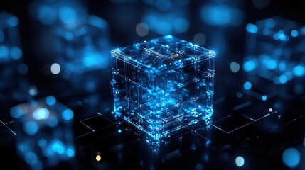 Poster - Glowing data cube on digital network; future tech