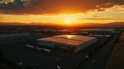 Wall Mural - A stunning sunset over a large industrial warehouse with mountains in the background