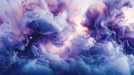 Poster - Purple and blue ink swirls in water, abstract background, design element