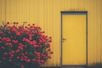 Aufkleber - Bright yellow metal walls create a striking backdrop for a door, complemented by an abundance of red flowers. The natural lighting enhances the vibrant color palette, illuminating the scene