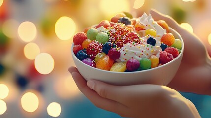 Wall Mural -   A person holding a bowl of fruit topped with sprinkles and a white-frosted cake