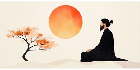 Poster - Meditative man under a sunlit sky serene landscape digital art tranquil environment peaceful viewpoint