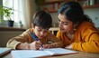 © Виталий Зикун - indian mom helping her son with online homeschooling