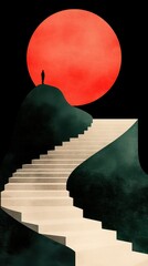 Poster - Person climbing steps towards rising red sun abstract art surreal environment inspirational viewpoint