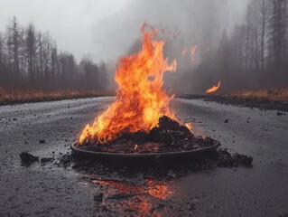 Fire erupts from asphalt rural road foggy environment ground level nature's fury