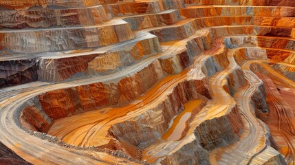 Poster - An expansive open pit mine reveals intricate layers of colors formed by mineral deposits.