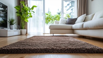 Poster - A contemporary living room features a soft shaggy area rug in coffee and brown hues, harmonizing beautifully with a sleek white sofa and vibrant greenery